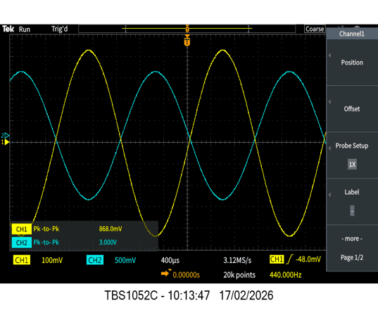 Stage 1 oscilloscope output at 440 Hz on PCB