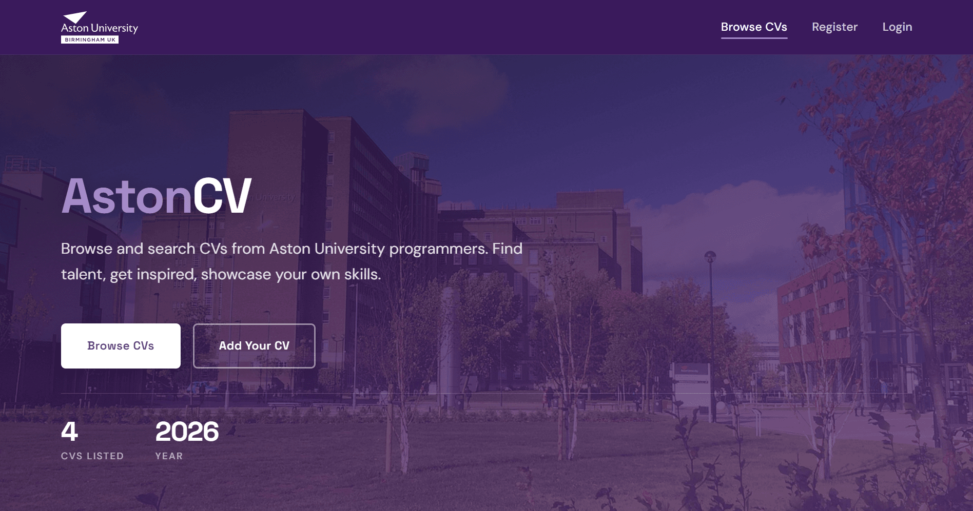 AstonCV homepage showing the CV browse and search interface