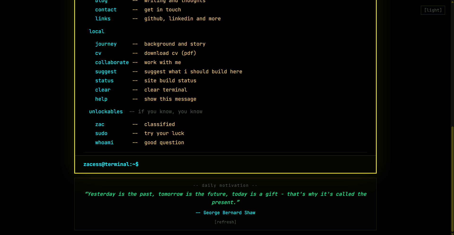 The original zacess.com terminal-style portfolio