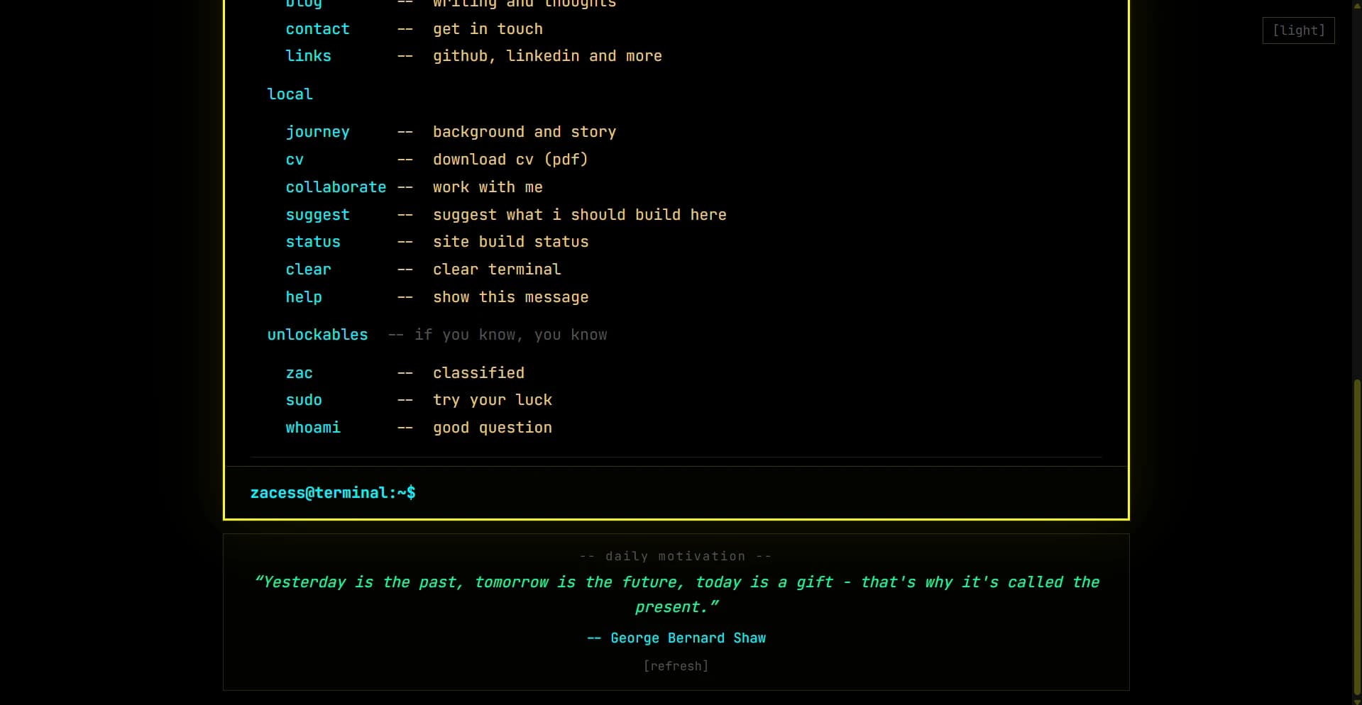 The original zacess.com terminal-style portfolio